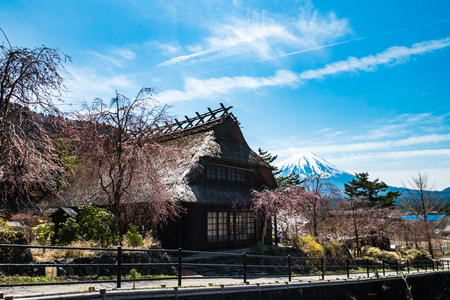 Yamanashi, Japan - April 20, 2017 : Saiko Iyashino-Sato Nenba ancient japanese village is a reconstructed Japanese village where visitors can explore In each individual building, enjoy traditional craft making activities.のeditorial素材