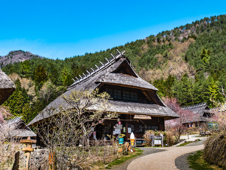 Yamanashi, Japan - April 20, 2017 : Saiko Iyashino-Sato Nenba ancient japanese village is a reconstructed Japanese village where visitors can explore In each individual building, enjoy traditional craft making activities.のeditorial素材