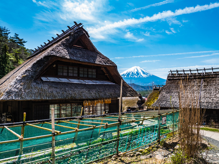Yamanashi, Japan - April 20, 2017 : Saiko Iyashino-Sato Nenba ancient japanese village is a reconstructed Japanese village where visitors can explore In each individual building, enjoy traditional craft making activities.のeditorial素材
