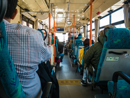 Kawaguchi, Japan - April 20, 2017: Kawaguchiko Station, interior of the Omni bus,this bus traveling around Lake Kawaguchiko and Lake Saiko, but also sightseeing.のeditorial素材