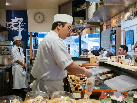 Tokyo, Japan - October 29, 2018: Sushi chef making sushi in the restaurant in Tokyo, Japanのeditorial素材