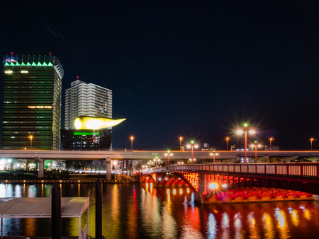 Tokyo, Japan - October 29, 2018: Lanscape of Asuakusa with Tokyo Skytree and buildings at night in...