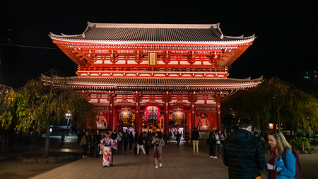 Tokyo, Japan - October 29, 2018: Tourist visiting Sensoji Temple in the evening, this temple is oldest temple in Tokyo and one of the most significant Buddhist temples located in Asakusa, Tokyo, Japanのeditorial素材