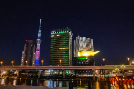 Tokyo, Japan - October 29, 2018: Lanscape of Asuakusa with Tokyo Skytree and buildings at night in Tokyo, japanのeditorial素材