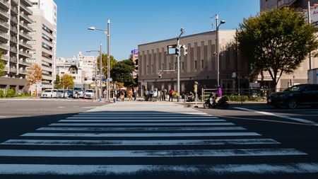 Tokyo, Japan - October 30, 2018: Japanese and tourists waiting to cross street to Tsukiji Fish Market in Tokyo, Japan. It is the biggest wholesale fish and seafood market in the world.のeditorial素材