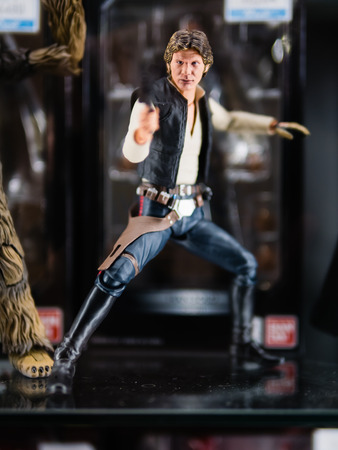 Tokyo, Japan - October 30, 2018: Close up of Bandai S.H.Figuarts Star Wars Han Solo (A NEW HOPE) on display shelf at Yamashiroya store in Ueno, Tokyo, Japan. It is an action figure series S.H.Figuarts based on base on famous Star Wars âs characters.のeditorial素材