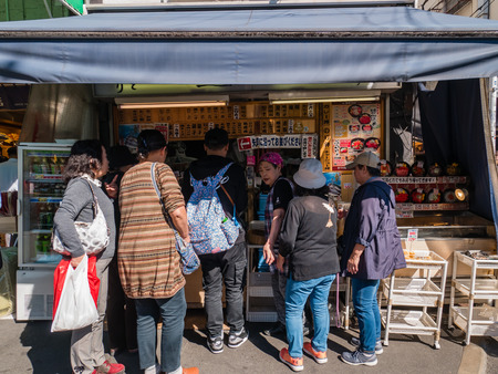 Tokyo, Japan - October 30, 2018: Restaurant at Tsukiji Fish Market in Tokyo, Japan. It is the biggest wholesale fish and seafood market in the world.のeditorial素材