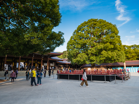 Tokyo, Japan - October 31, 2018: Tourists visiting Meiji-jingu shrine, Meiji Shrine in Shibuya, Tokyo, Japan. It is the Shinto shrine built in 1920.のeditorial素材