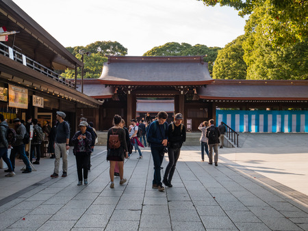 Tokyo, Japan - October 31, 2018: Tourists visiting Meiji-jingu shrine, Meiji Shrine in Shibuya, Tokyo, Japan. It is the Shinto shrine built in 1920.のeditorial素材
