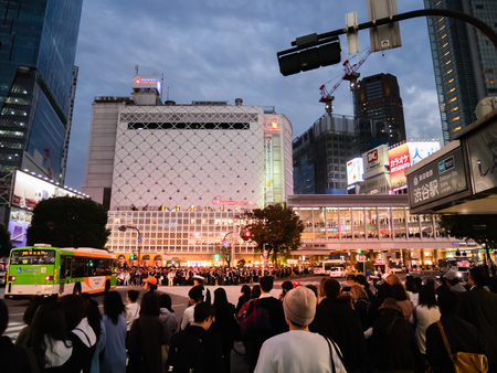 Tokyo, Japan - October 31, 2018: Cityscape of Shibuya with crowd people on crosswalk. Shibuya is a special ward located in Tokyo, Japan for shopping and events.のeditorial素材