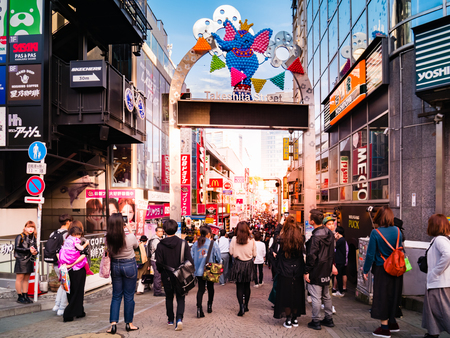 Tokyo, Japan - October 31, 2018: Crowd at Takeshita Street, this is the famous fashion and shopping street in Harajuku, Tokyo, Japan.のeditorial素材