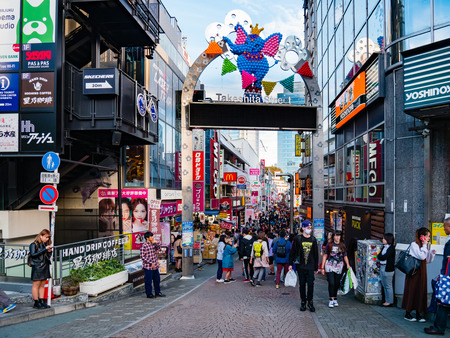 Tokyo, Japan - October 31, 2018: Crowd at Takeshita Street, this is the famous fashion and shopping street in Harajuku, Tokyo, Japan.のeditorial素材