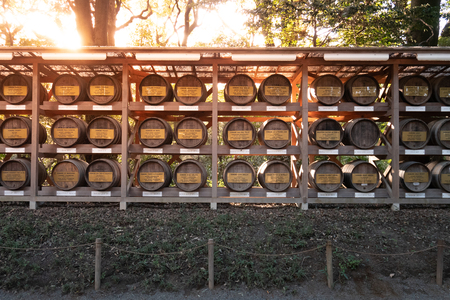 Tokyo, Japan - October 31, 2018:  Wine Barrels at Meiji Shrine in Shibuya, Tokyo, Japan.のeditorial素材