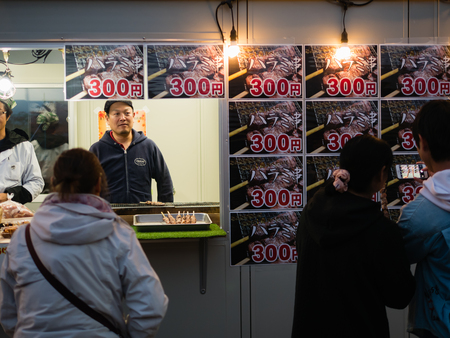Kawaguchi, Japan - November 1, 2018: Food vendors at Fujikawaguchiko Autumn Leaves Momiji Festival event near Lake Kawaguchi, Yamanashi, Japanのeditorial素材