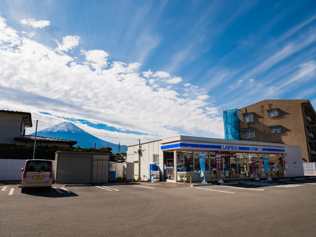 Kawaguchi, Japan - November 1, 2018: Lawson, convenience store franchise chain in Japan with Mount Fuji in background.のeditorial素材