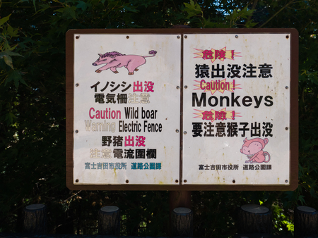 Kawaguchi, Japan - November 1, 2018: Caution sign for wild animal near to Chureito Pagoda in Fujiyoshida, Yamanashi Prefecture.のeditorial素材