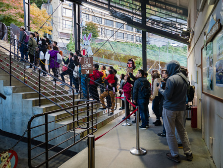 Kawaguchi, Japan - November 1, 2018: Tourists are waiting for cable car at Kachi Kachi ropeway near lake Kawaguchi, Japanのeditorial素材