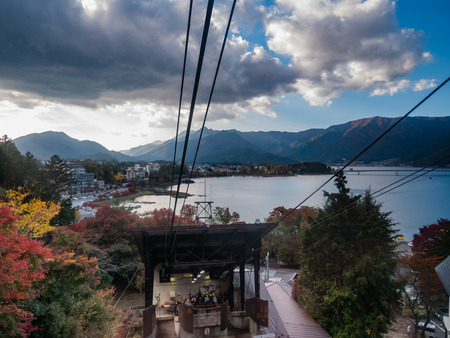 Kawaguchi, Japan - November 1, 2018: Landscape of Kachi Kachi ropeway staion with lake Kawaguchi, Japanのeditorial素材