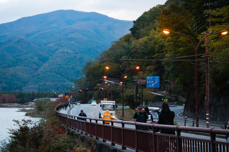 Kawaguchi, Japan - November 1, 2018: Kawaguchiko Ohashi bridge crossing lake Kawaguchi, Japan.のeditorial素材