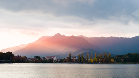 Beautiful scenery of lake Kawaguchi, Japanの写真素材