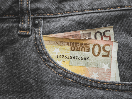 Close up of a 50 euro banknote in a Jeans pocket