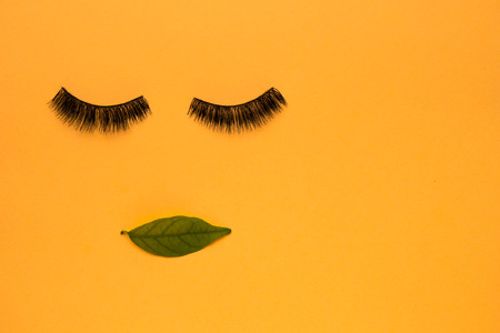 Flat lay of eyelashes and leaf on yellow background.の写真素材