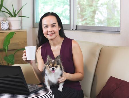 Beautiful Asian woman smiling and looking at camera ,sitting on couch in living room with computer in front of her and  chihuahua dog sitting  on her lap.work from home concept.focus on woman.の写真素材