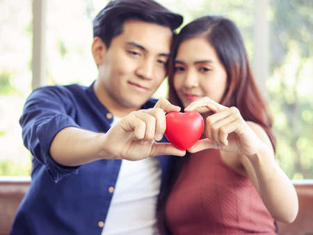 Young and attractive Asian couple spend good time at home , a man sitting on the floor with computer laptop on table while his girlfriend lying on sofa behind , giving high five.work from home conceptの写真素材
