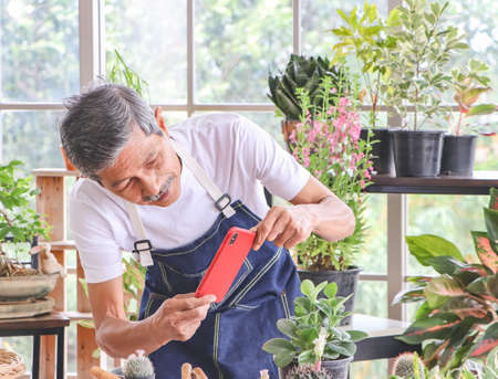 Senior people lifestyle and gardening concept. Active  Asian elderly male gardener standing  in...