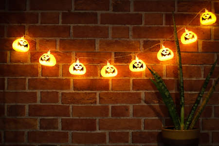 Dark image of Halloween pumpkin string lights glowing , hanging on brick wall with house plant decoration. Halloween decoration concept.の写真素材