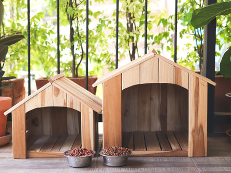 Front view of two empty wooden dog's houses with dog food bowls  in balcony decorated with houseplant in plant pot.の写真素材