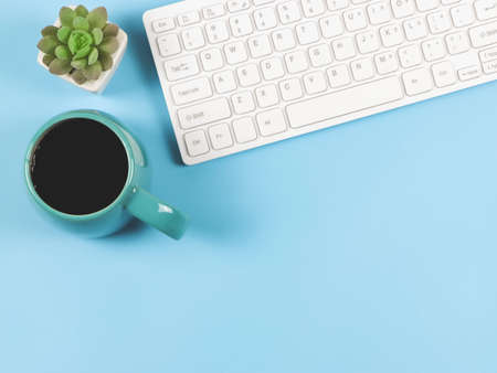 Top view or flat lay of computer keyboard, blue black coffee cup and succulent plant pot  on blue...