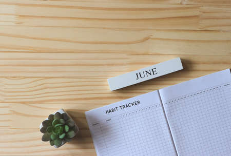 Top view or flat lay of habit tracker book with  succulent plant pot and wooden calendar June on wooden table background with copy space, self development concept.の写真素材