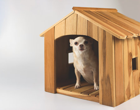 Portrait of  fat brown short hair chihuahua dog sitting  inside  wooden doghouse, looking at camera, isolated on blue background.の写真素材