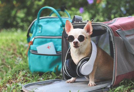 Portrait of brown  Chihuahua dog wearing sunglasses and headphones around neck, sitting in front of pink fabric traveler pet carrier bag on green grass with backpack and passport,  ready to travel. Safe travel with animals.の写真素材