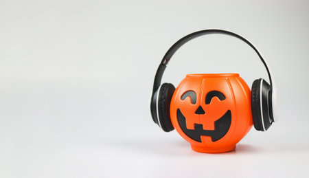 Front view of plastic halloween pumpkin  coverd with headphones, isolated on white background with copy space. Halloween music or podcast.の写真素材
