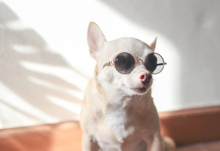 Portrait of fat brown Chihuahua dog wearing sunglasses sitting on wooden floor with sunlight and...