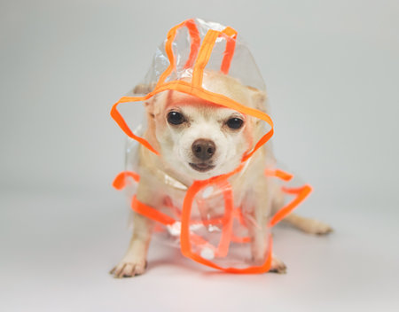 Portrait  of  chihuahua dog wearing orange and transparent rain coat or jacket with  hood sitting on white background.の写真素材