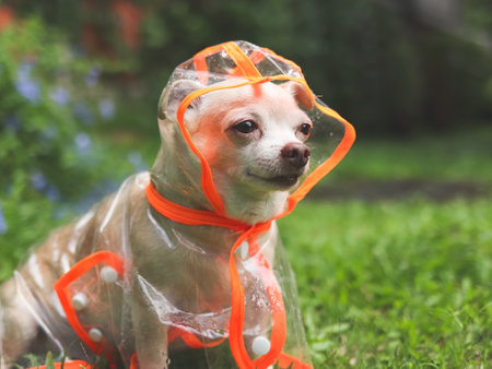 Portrait of brown short hair chihuahua dog wearing rain coat hood sitting in the garden, looking away.の写真素材