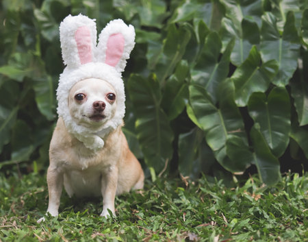 Portrait of Brown short hair Chihuahua dog dressed up with easter bunny costume headband sitting on  green grass in the garden, looking at camera.の写真素材