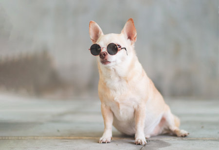 Close up image of brown short hair chihuahua dog wearing sunglasses  sitting on cement wall background with copy space, looking away.の写真素材