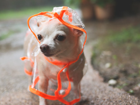 Portrait of brown short hair chihuahua dog wearing rain coat hood standing  on cement floor  in the garden, looking away.の写真素材