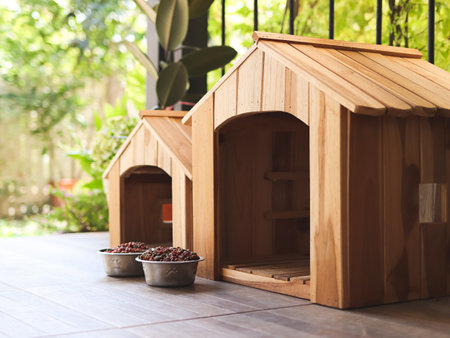 Side view of two empty wooden dog's houses with dog food bowls  in balcony decorated with houseplant in plant pots.の写真素材