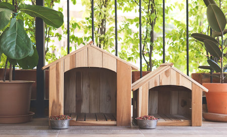 Front view of two empty wooden dog's houses with dog food bowls  in balcony decorated with houseplant in plant pots.の写真素材