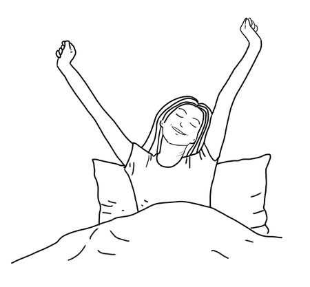 Portrait of Happy Young smiling woman with eyes closed and  stretching out in bed feeling fresh and relaxed. line Drawing illustration.の写真素材