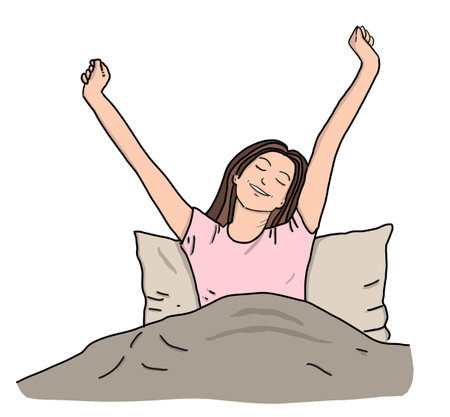 Portrait of Happy Young smiling woman with eyes closed and  stretching out in bed feeling fresh and relaxed. Drawing illustration.の写真素材