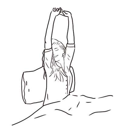 Portrait of Happy Young smiling woman with eyes closed and  stretching out in bed feeling fresh and relaxed. line Drawing illustration.の写真素材