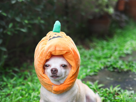 Close up image  of  brown  short hair  Chihuahua dog wearing Halloween pumpkin hat sitting on cement tile on green grass in the garden, looking at camera.の写真素材