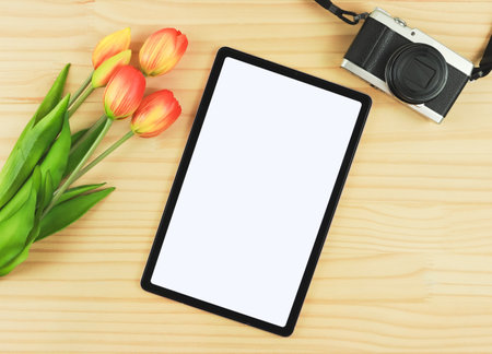 Top view or flat lay of digital tablet with blank white screen, tulip flowers  and digital camera...