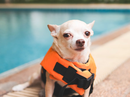 Close up image  of a brown short hair chihuahua dog wearing orange life jacket or life vest sitting by swimming poo looking at camera. Baywatch dog. Pet Water Safety. traveling with pet.の写真素材